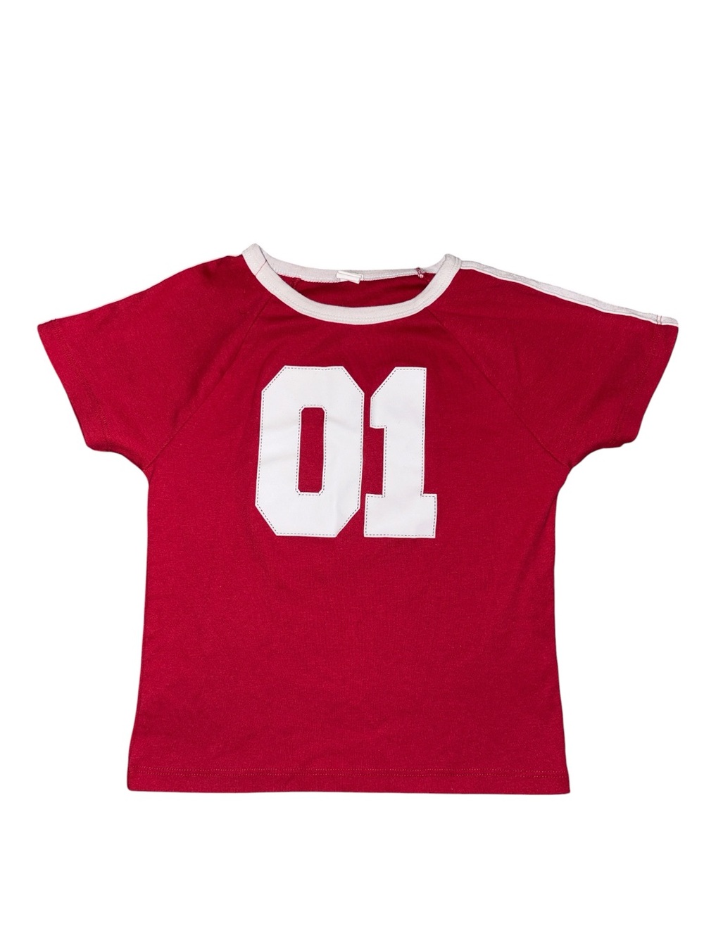 Girls Red '01' Kids Tee - Cropped Classic Athletic Style
